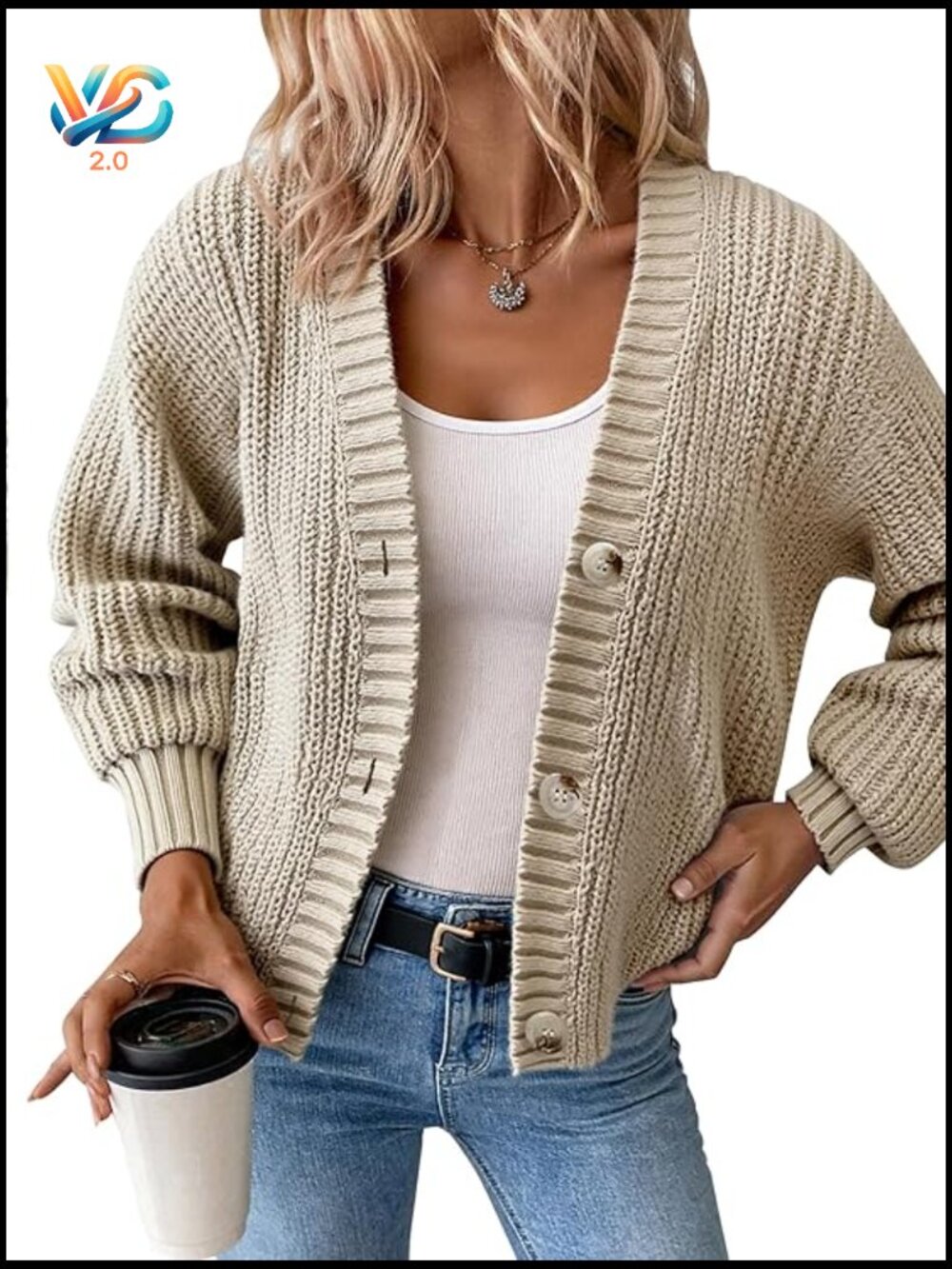 Chunky Knit Cardigan Waffle Texture Oversized V Neck Long Sleeve Fall Winter - Picture 1 of 6